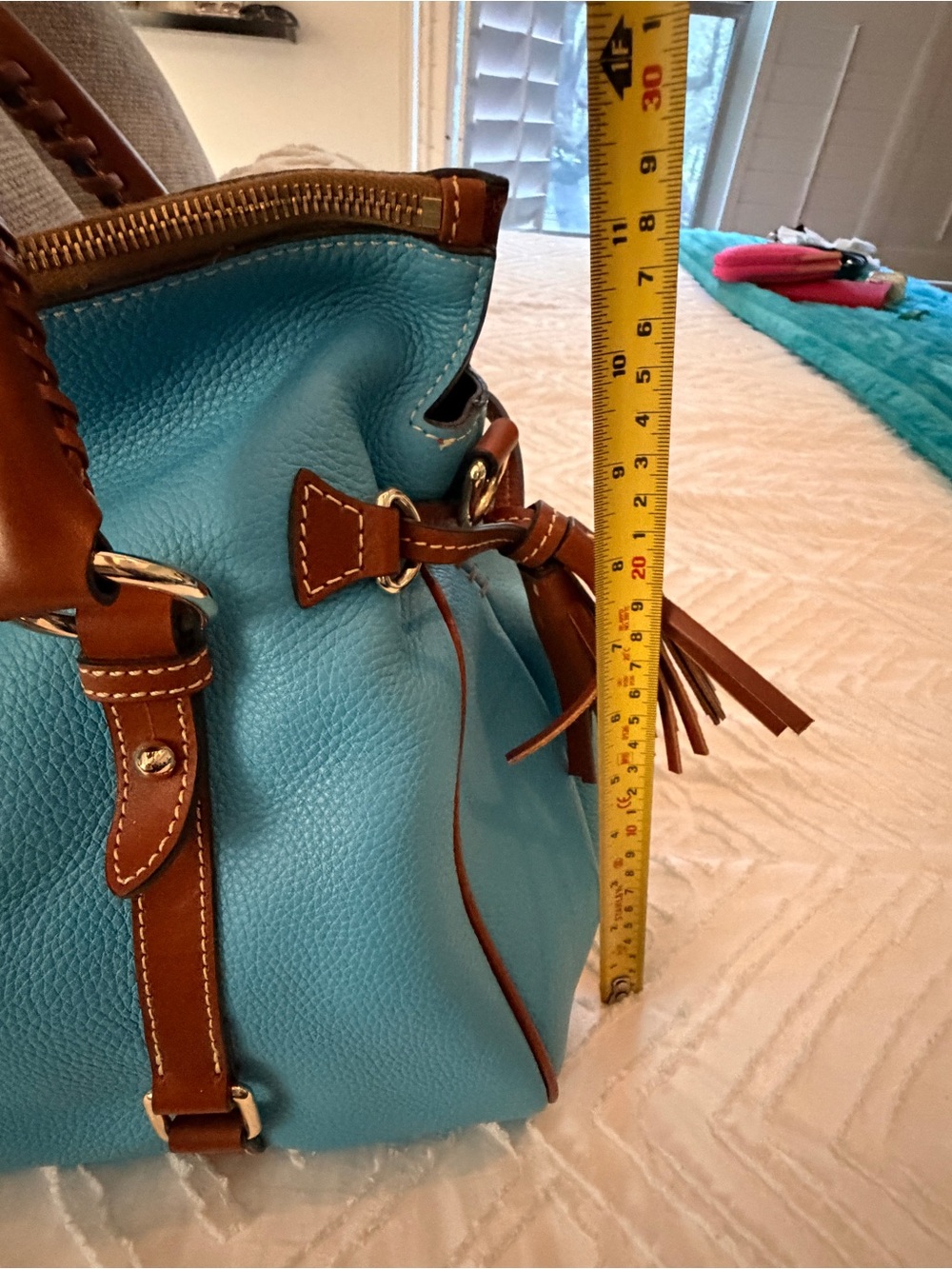 Dooney & Bourke Pebble Leather Large Satchel Sky Blue Brown Tassel Shoulder Bag - Picture 4 of 15